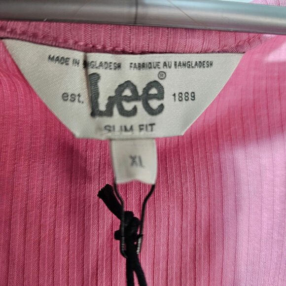 LEE Ribbed Y2K Pink Buttun Henley Short Sleeve V-neck Stretch Women's Sz XL NWT - Picture 3 of 5